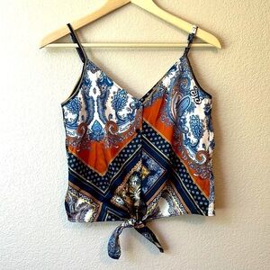 H&M Paisley Colorful Blue & Orange Cropped Front Tie Tank Top sz XS